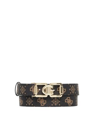 Cintura in pelle nera con loghi beige a motivo e fibbia dorata con design doppia G intrecciata.