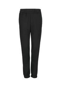Pantalons de survêtement noirs avec taille élastique, jambes fuselées et ourlets resserrés. Fabriqués en tissu doux avec une texture lisse. Pas de motifs ou d'accents visibles.