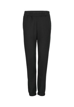Pantalons de survêtement noirs avec taille élastique, jambes fuselées et ourlets resserrés. Fabriqués en tissu doux avec une texture lisse. Pas de motifs ou d'accents visibles.