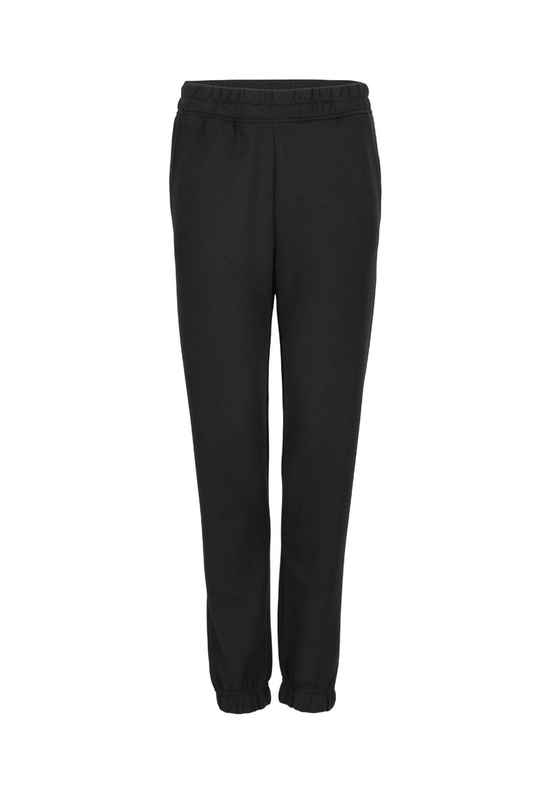 Pantalons de survêtement noirs avec taille élastique, jambes fuselées et ourlets resserrés. Fabriqués en tissu doux avec une texture lisse. Pas de motifs ou d'accents visibles.