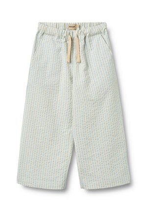 Hellblaue und beige gestreifte Hose mit weitem Bein, elastischem Bund und beigem Kordelzug, zwei seitlichen Taschen, Stoffetikett innen am Bund.