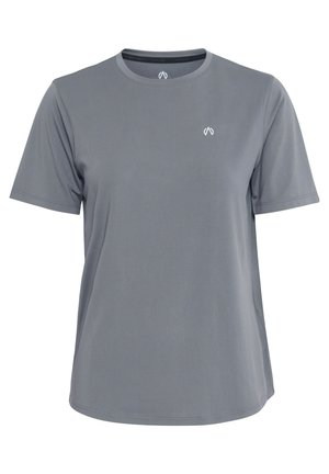 Grå kortærmet t-shirt lavet af glat stof. Har en rund halsudskæring og et diskret logo på venstre bryst. Enkel design.