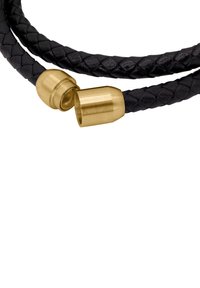 Black braided leather cord with two gold-toned metal clasps, featuring a polished finish and smooth texture.