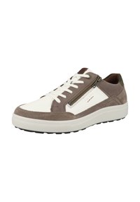 Zapatillas con parte superior de ante en blanco y gris, detalles texturizados, ribetes de cuero marrón y un zipper lateral. Suela de goma para mayor tracción.