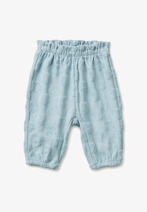 Hellblaue Babyhosen mit elastischem Bund und Bündchen, durchgehend mit erhabenen, strukturierten Wolkenmustern im Stoff versehen.