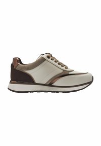 Sneaker leggera nei toni crema e marrone. Presenta pelle liscia, dettagli in suede, particolari metallizzati e una suola imbottita per il comfort.