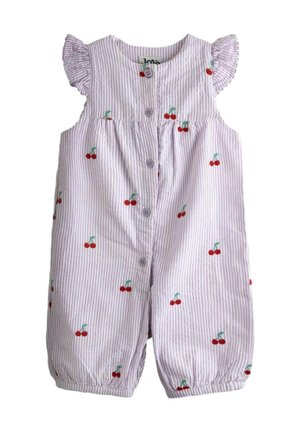 Svetlofialový a biely prúžkovaný detský overal s výšivkou čerešní, zapínaním na gombíky vpredu, volánikovými rukávmi a elastickými otvorenými nohavicami.