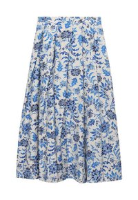 Schwingender Midirock aus weißem Stoff mit blauen Blumenmustern. Mit Falten und einem hohen Taillendesign. Weiches, strukturiertes Material.