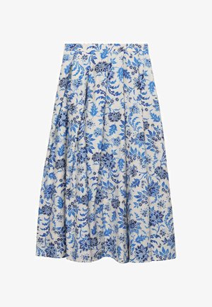 Rozšírená midi sukňa z bielej látky s modrými kvetinovými vzormi. Obsahuje plisovanie a vysoký pás. Mäkký, textúrovaný materiál.