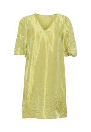 Korte mouw jurk in lichtgroene, gestructureerde stof met een V-hals en een losse pasvorm, met subtiele verticale strepen en geplooide mouwdetails.