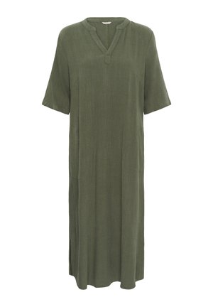 Loszittende olijfgroene midi-jurk met korte mouwen, V-hals en zijsplitten.