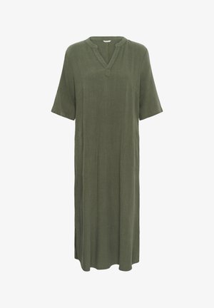 Loszittende olijfgroene midi-jurk met korte mouwen, V-hals en zijsplitten.