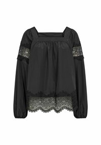 Sort bluse med firkantet udskæring, lange ærmer og blonder på skuldrene og kanten, med en svajet design ved busten.