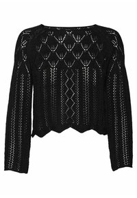 Pull en tricot noir au design court, présentant un motif en losange, un col côtelé et des manches longues avec un ourlet festonné.