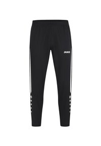 Pantalons de sport noirs en tissu extensible, ornés d'un logo, de bandes latérales et de détails à boutons-pression sur les poignets.