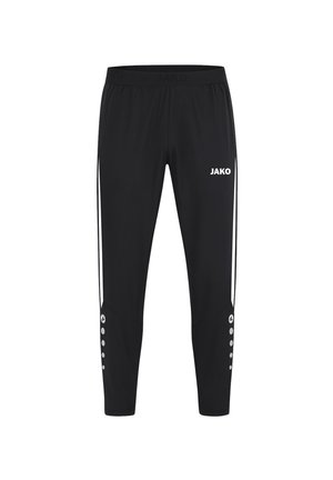 Schwarze Sporthose aus dehnbarem Material, mit einem Logo, seitlichen Streifen und Druckknopfdetails an den Säumen.
