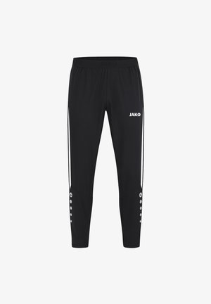 Schwarze Sporthose aus dehnbarem Material, mit einem Logo, seitlichen Streifen und Druckknopfdetails an den Säumen.