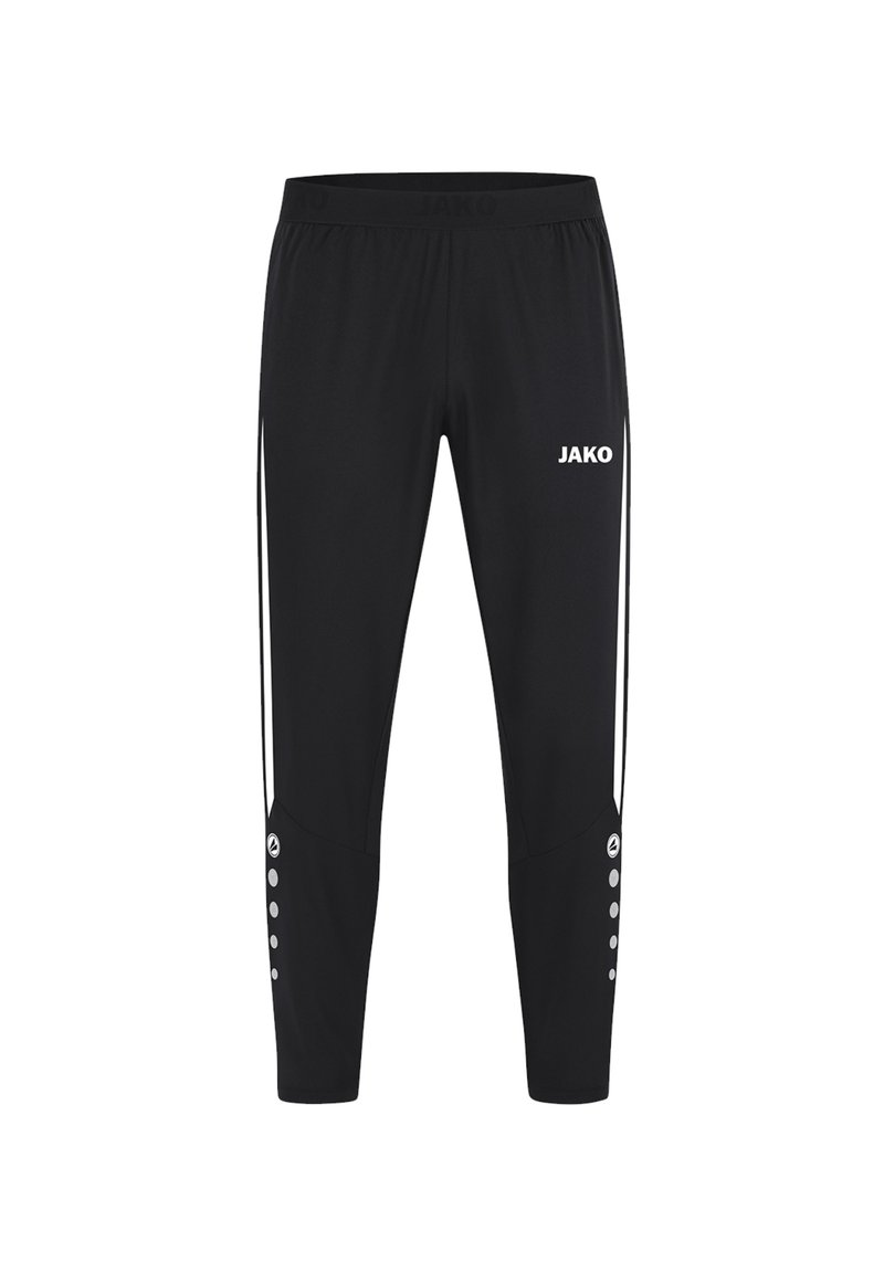 Pantalons de sport noirs en tissu extensible, ornés d'un logo, de bandes latérales et de détails à boutons-pression sur les poignets.