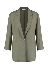 Olivgrüner Leinenblazer mit einer Knopfverschlus, aufgesetzten Revers und zwei Fronttaschen, mit einem lässigen Schnitt und 3/4 langen Ärmeln.