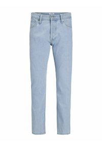 Jeans din denim albastru deschis cu un design drept, având închidere cu nasture, cinci buzunare și o decolorare minimă pentru o textură uniformă.