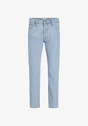 Lys blå denimjeans med rett ben-design, med knappestolpe, fem lommer og minimal falming for en ensartet tekstur.