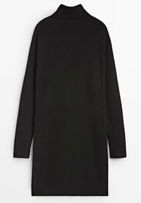 Robe-pull noire à manches longues en maille avec un col roulé haut, présentée à plat sur fond blanc.