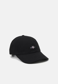 Zwarte baseballpet met een gebogen rand, gemaakt van katoen. Heeft een geborduurd logo op de voorkant en een knoop bovenop voor designdetail.