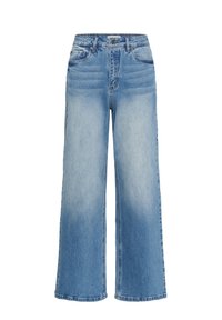 Světle modré široké džíny z denimu. Vysoký pas, design s pěti kapsami, viditelné švy a mírně vybledlý povrch.