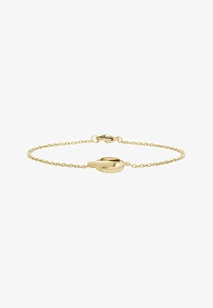 Gold-plated bracelet featuring a delicate chain and a circular charm engraved with "DANIEL WELLINGTON." Adjustable lobster clasp closure.