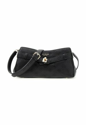 Sac à bandoulière noir Guess avec motif logo embossé, texte du logo doré, bandoulière réglable et détail boucle avant sur fond blanc.