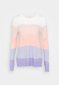 Multicolored sweater featuring horizontal stripes in white, pastel pink, lavender, and soft purple. Made of textured knit with a crew neck.