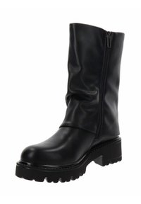 Botas altas negras hechas de un material suave con suela gruesa, que cuentan con una cremallera lateral y textura recogida en el tobillo.