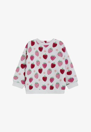 Biała bluza z nadrukiem truskawek w różnych odcieniach różu i czerwieni, z zielonymi liśćmi i małymi akcentami kwiatowymi. Miękka w dotyku.