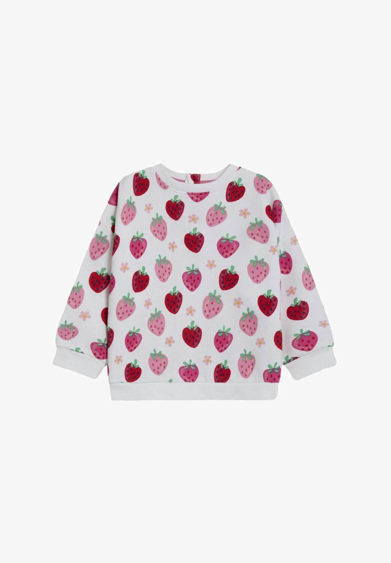Weißer Sweatshirt mit einem Erdbeer-Print in verschiedenen Rosatönen und Rottönen, begleitet von grünen Blättern und kleinen floralen Akzenten. Weicher Stoff.