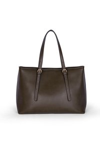Borsa tote in pelle verde scuro con due manici, forma rettangolare, texture liscia e dettagli di cucitura discreti.