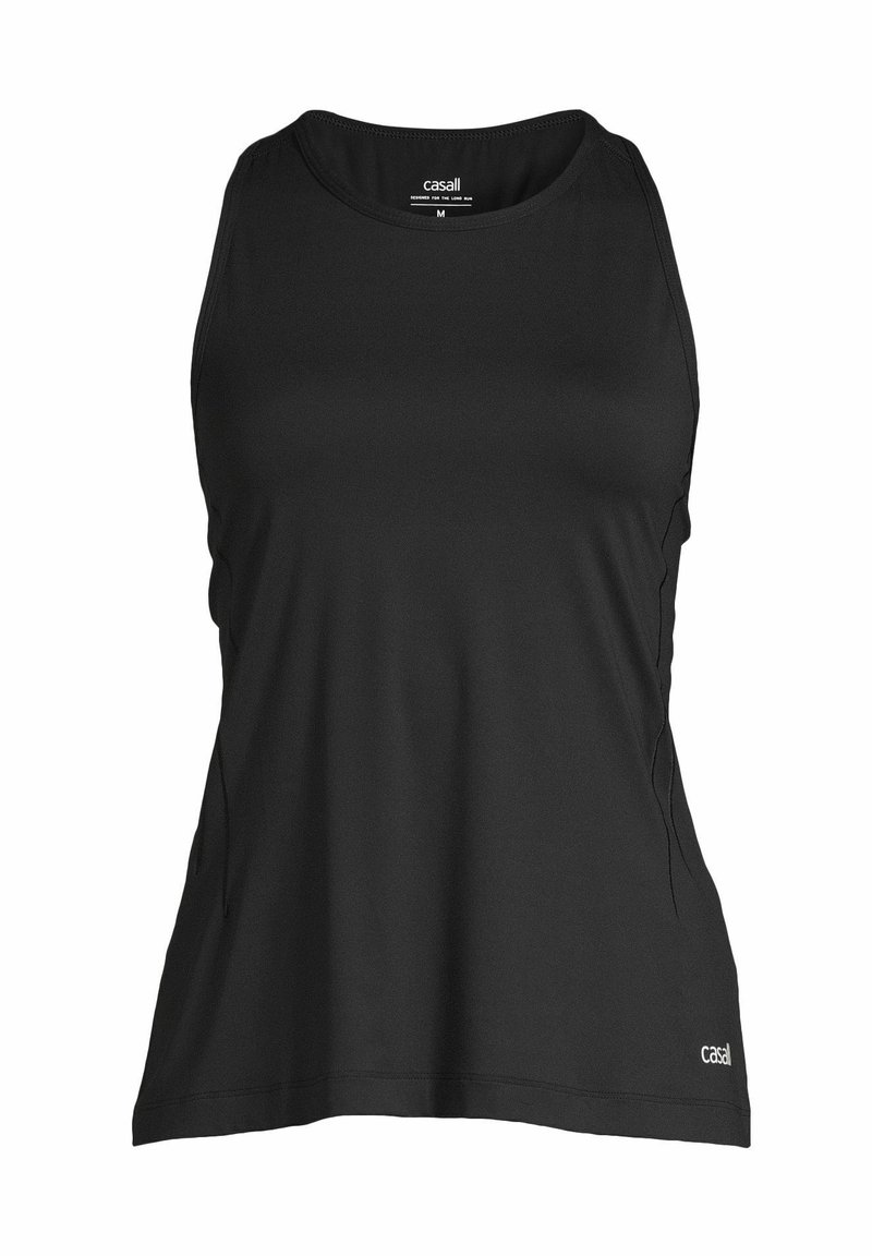 Black athletic tank top featuring a round neckline, lightweight fabric, and side seams for a tailored fit. Logo positioned at the hem.