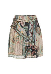 Gonna a fiori con orlo arricciato, in tonalità di nero, rosa, verde e beige. Realizzata in tessuto leggero e fluente.