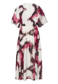 Robe midi blanche à manches courtes avec des motifs abstraits dans des tons rouges, noirs et roses rappelant une aquarelle, et un détail de taille élastique.
