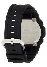Digital watch with a black silicone strap, silver metal buckle, and a stainless steel case back featuring engraved details.