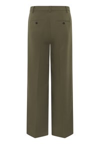 Olijfgroene pantalon met wijde pijpen en een gladde textuur, voorzien van twee achterzakken en een getailleerde pasvorm. Strakke lijnen en geen zichtbare details.