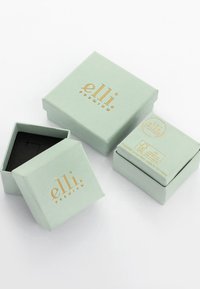 Mintgröna papperskartonger staplade, med en gyllene logotyp "elli premium." En kartong är öppen och avslöjar en svart insida. Enkel, ren design.