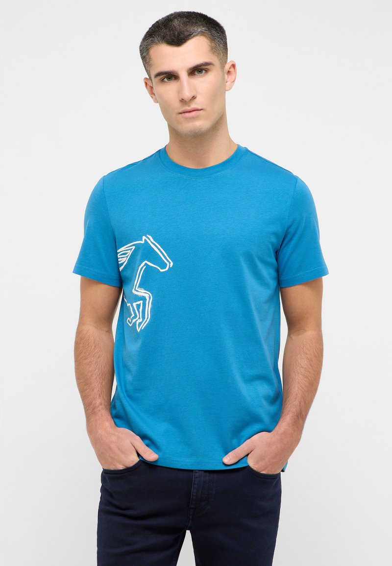 Turquoise t-shirt made of cotton, featuring a white stylized horse graphic on the left side, short sleeves, and a classic crew neck design.