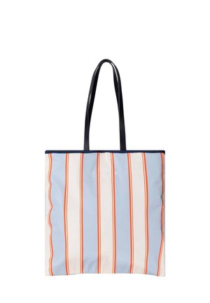 Tote bag with vertical light blue and cream stripes, thin orange lines, black handles, and small centered brand lettering on the front.