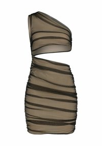 Ein lachsärmliges Minikleid aus transparentem Stoff mit horizontalen schwarzen Streifen, das ein gerafftes Design und eine Aussparung an der Seite aufweist.