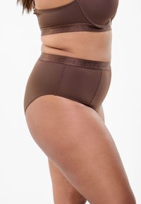 Bruna högmidjade underkläder gjorda av slät tyg, med en mjuk, elastisk midjeband som har varumärkesnamnet präglat längs toppen.
