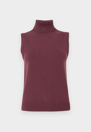 Bezrękawnik w kolorze burgundowym z golfem, z prążkowanym kołnierzem, otworami na ramiona i dołem, wyeksponowany na białym tle.