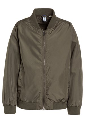 Veste bomber vert olive avec fermeture éclair à l'avant, col, poignets et bas côtelés, et deux poches latérales.