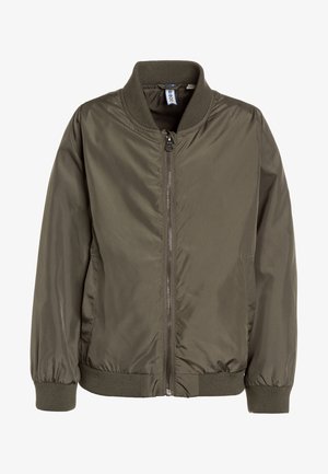 Veste bomber vert olive avec fermeture éclair à l'avant, col, poignets et bas côtelés, et deux poches latérales.
