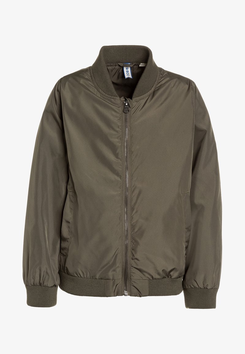 Veste bomber vert olive avec fermeture éclair à l'avant, col, poignets et bas côtelés, et deux poches latérales.