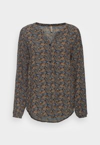 Langärmlige Bluse aus leichtem Material mit einem Paisleymuster in Braun, Blau und Creme, V-Ausschnitt und abgerundetem Saum.